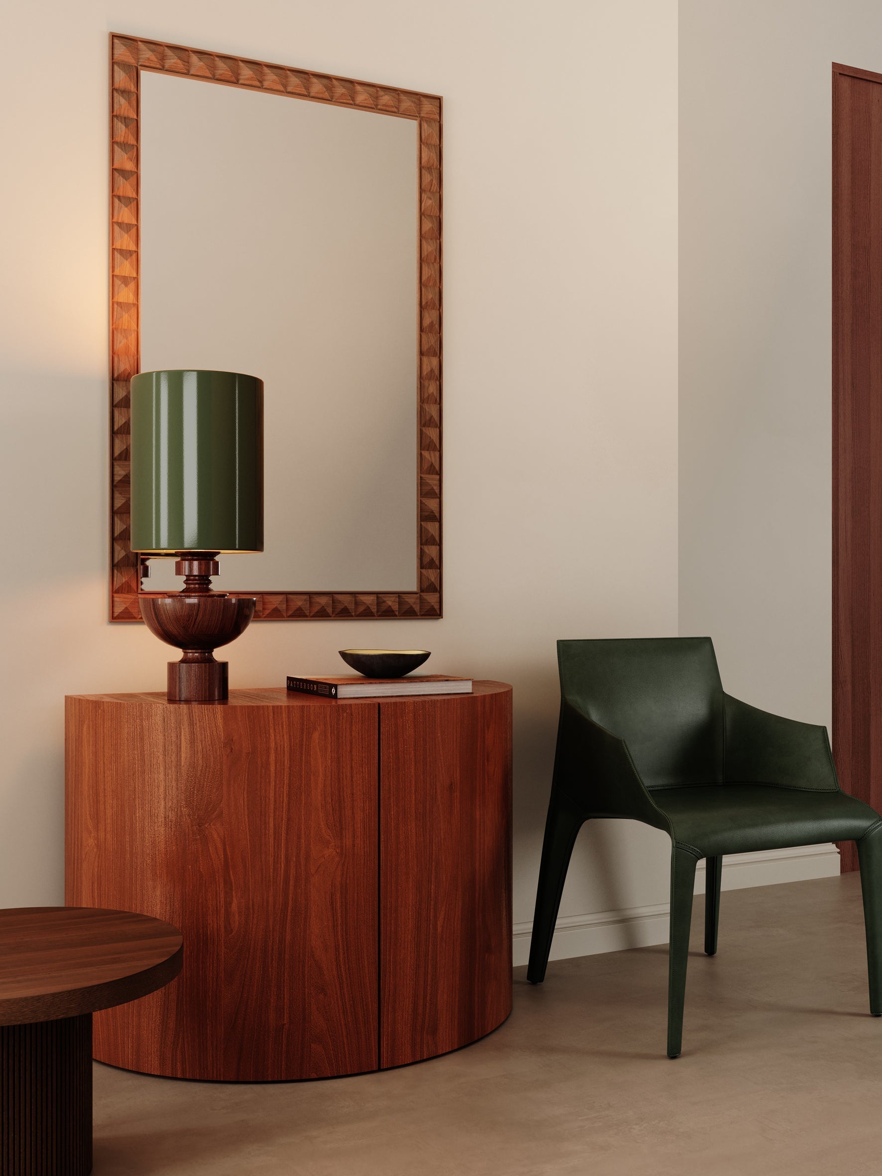 Editions spun wood lamp with + green lacquer shade