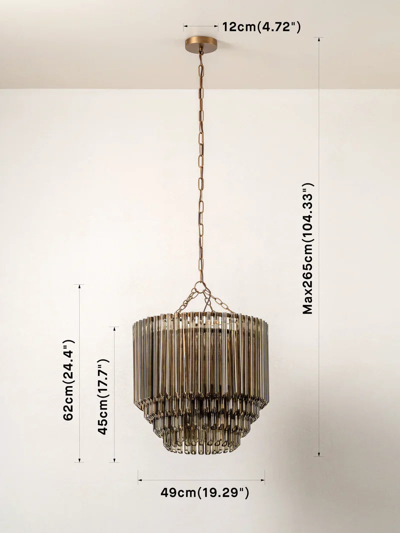 Petalia - 9 light aged brass and smoked green glass tube tall chandelier