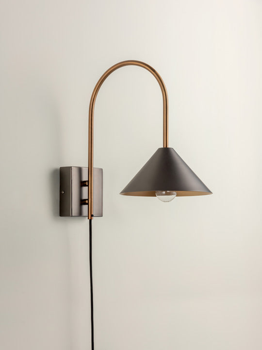 Orta - 1 light antique silver and burnished brass cone wall light