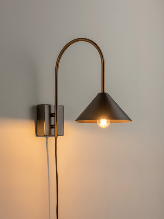 Orta - 1 light antique silver and burnished brass cone wall light